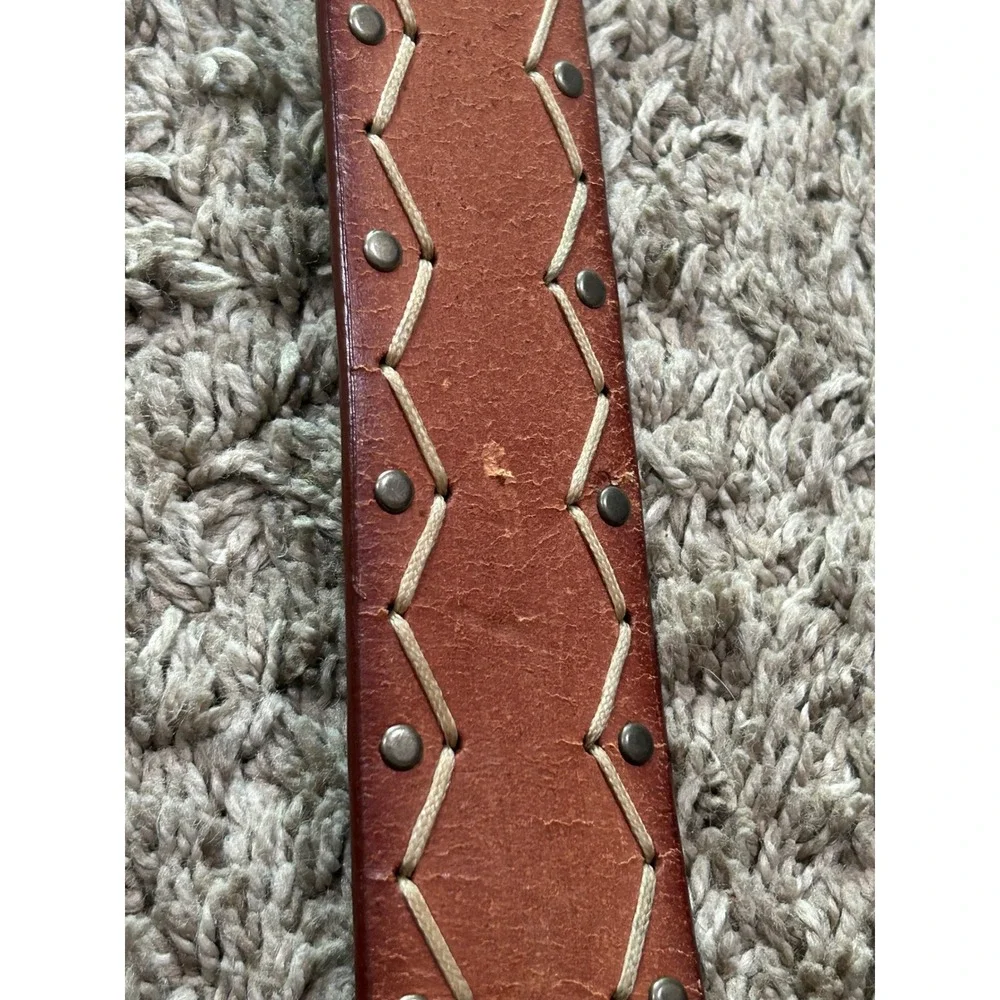 VTG Brown Whipstitch Studded Leather Belt Wide Western Boho Brass Buckle XL